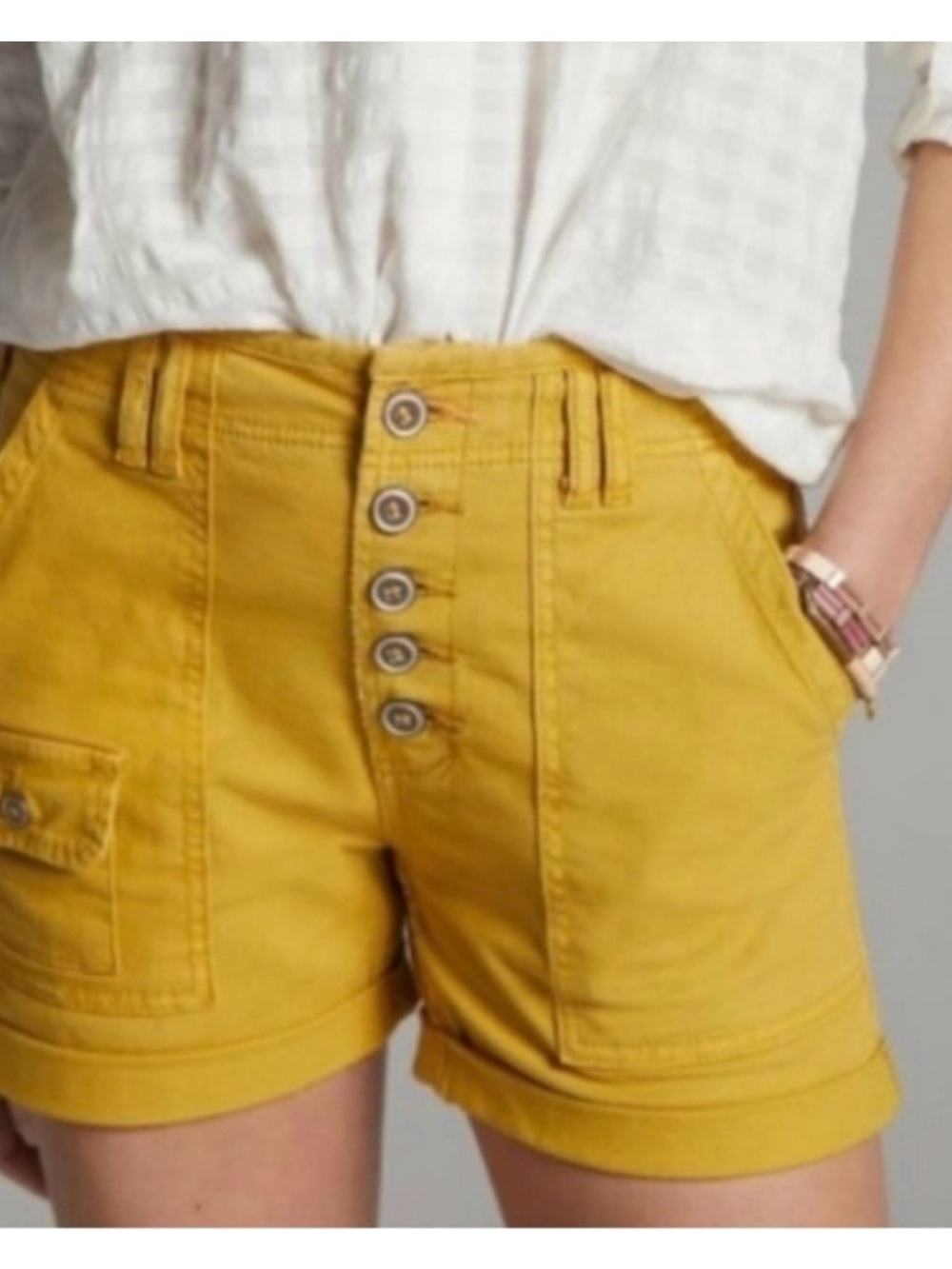 Pilcro Anthropologie The Wanderer Utility Shorts Mustard Yellow 25 Button Fly